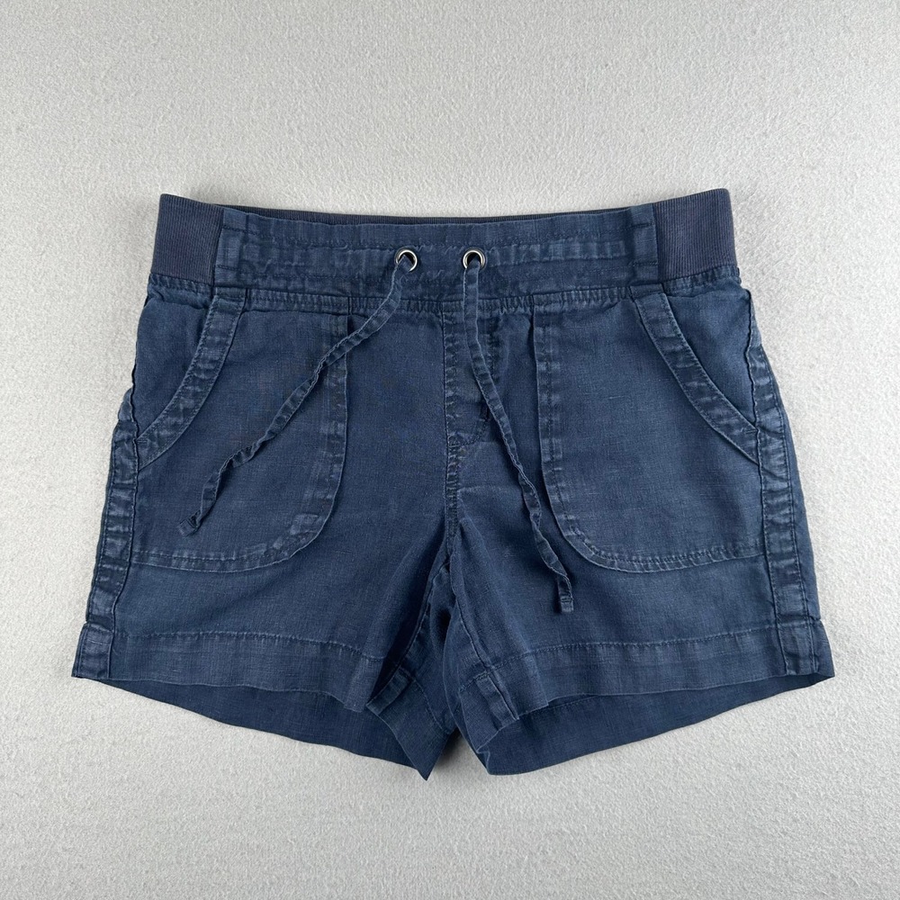 Athleta Linen Shorts Women 2 Navy Blue Drawstring Ribbed Waist Casual 1638